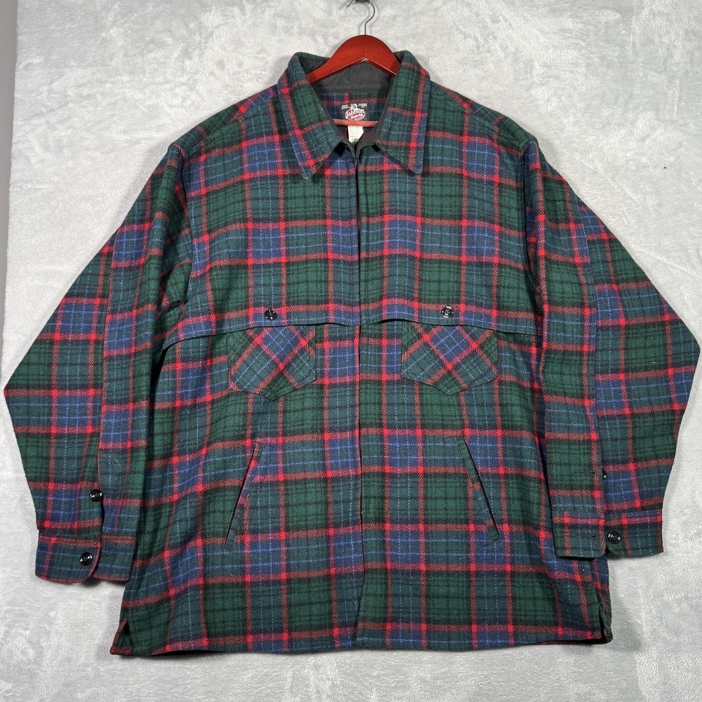 Johnson Woolen Mills Jacket Mens 3XLT 3XL Tall Long Green Wool Plaid Tartain USA